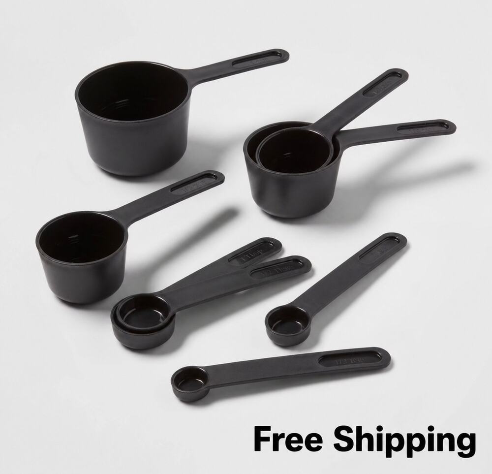 Room Essentials Plastic Measuring Cup & Spoon Set 8 Pc Black NEW